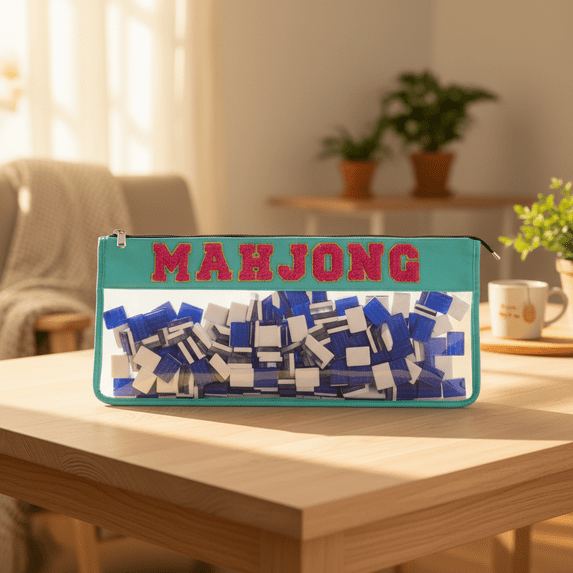 Mahjong Tile Storage Bag Portable Waterproof Organizer for American Mahjong Sets, Embroidered Letter Travel Case with Gold Zipper, 21 x 9 inch, Light Blue