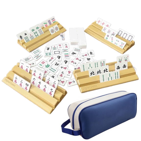 Mahjong Tiles Set 144PCS - Portable Mahjong Game with 4 Racks, Dices & Carrying Bag, Melamine Travel Mahjong Set for Adults Family Party