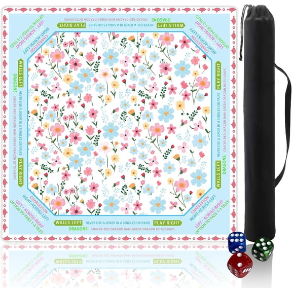 Mahjong mat for Table/31.5lnch/American Mahjong Table Cloth with Rules mats with Drawstring Bag,Noise ReductionAnti-Slip Game mat for Table,for Mahiona/PokerBoard Games/Card Games (Little Flower)