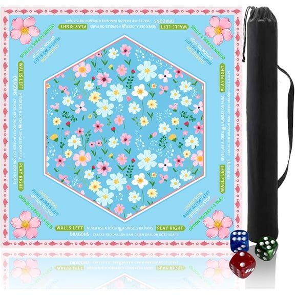 Mahjong mat for Table/31.5lnch/American Mahjong Table Cloth with Rules mats with Drawstring Bag,Noise ReductionAnti-Slip Game mat for Table,for Mahiona/PokerBoard Games/Card Games (Flower)