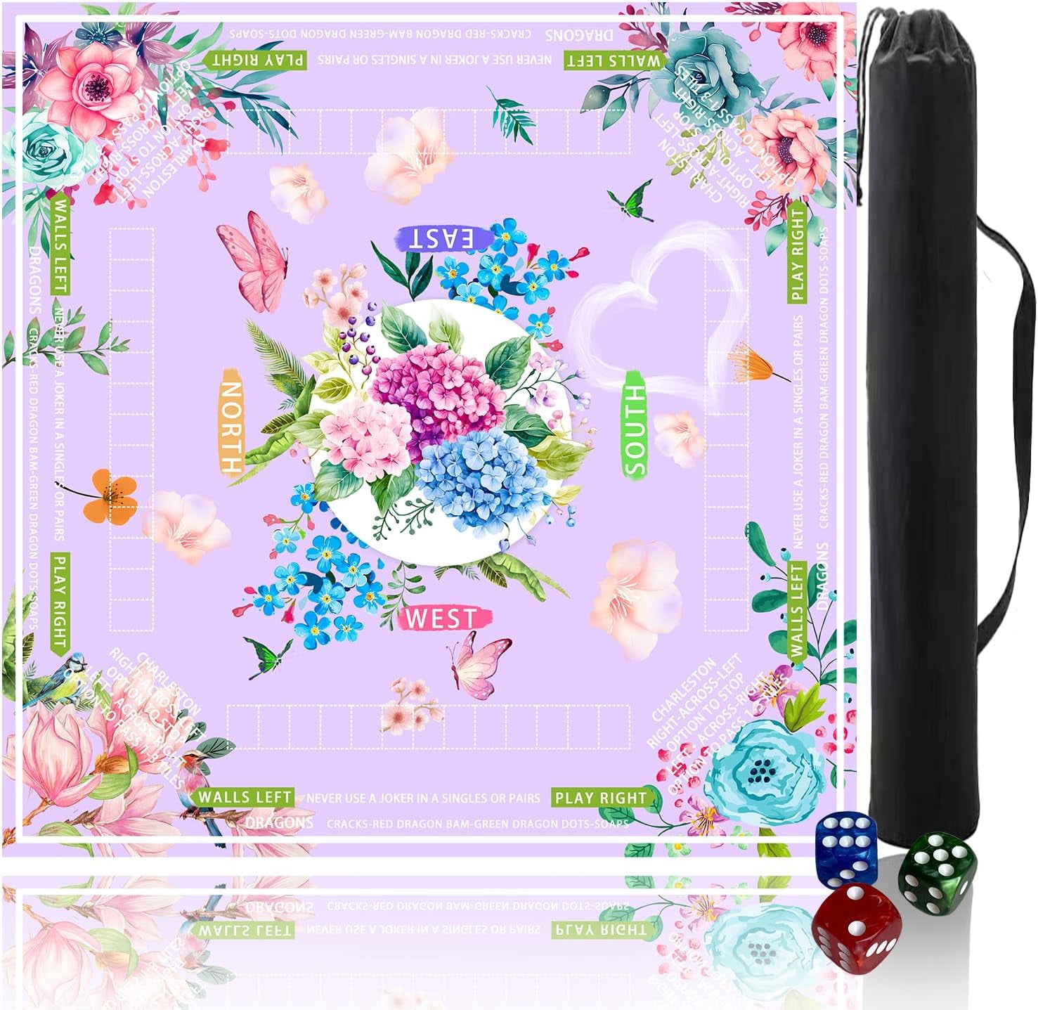 Mahjong mat for Table/31.5lnch/American Mahjong Table Cloth with Rules mats with Drawstring Bag,Noise ReductionAnti-Slip Game mat for Table,for Mahiona/PokerBoard Games/Card Games (Light purple)