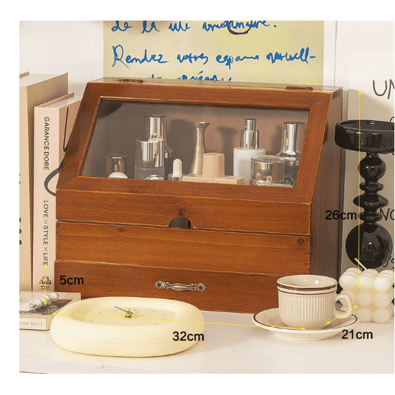 Mahogany Brown Vintage Tabletop Organizer Wooden 2-Tier Desktop Storage Box with Glass Top Display Cabinet & Drawer, See-Through Collectibles Showcase for Desk, Antique Style Organizing Unit