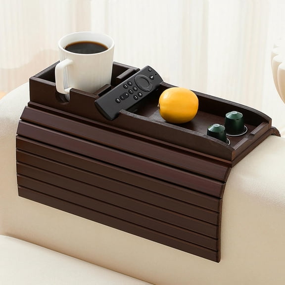 Mahogany Foldable Couch Arm Tray Table for Drinks Snacks Phones Remotes