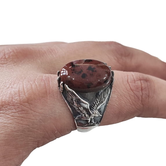 Mahogany Jasper Mans Ring, Natural Mahogany Jasper Ring, Eagle, Silver Jewelry, 925 Silver Ring, Birthday Gift, Heavy Mens Ring, Arabic Design, Ottoman Style Ring, Christmas, Turkey Mens Signet Ring