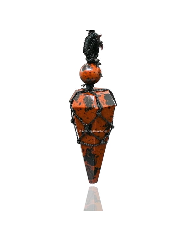 Mahogany Obsidian Crystal Stone Holder Necklace Pendulum, Unique Women Men Necklace (Black Macrame)