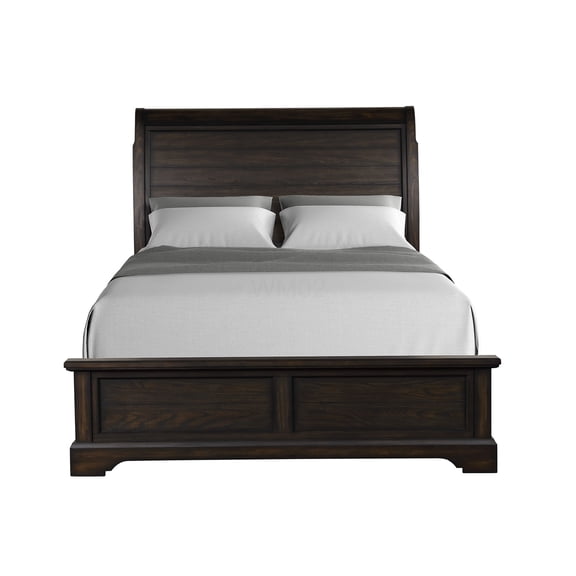 Mahogany Queen Sleigh Bed Frame with Headboard & Footboard, Heavy Duty Wood Platform Bed for Master Bedroom