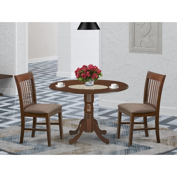 Mahogany Round Kitchen Dining Table Set with 9 Drop Leaves and 2 Elegant Chairs - Sturdy Wood Carved Pedestal - Comfortable Microfiber Padded Seats