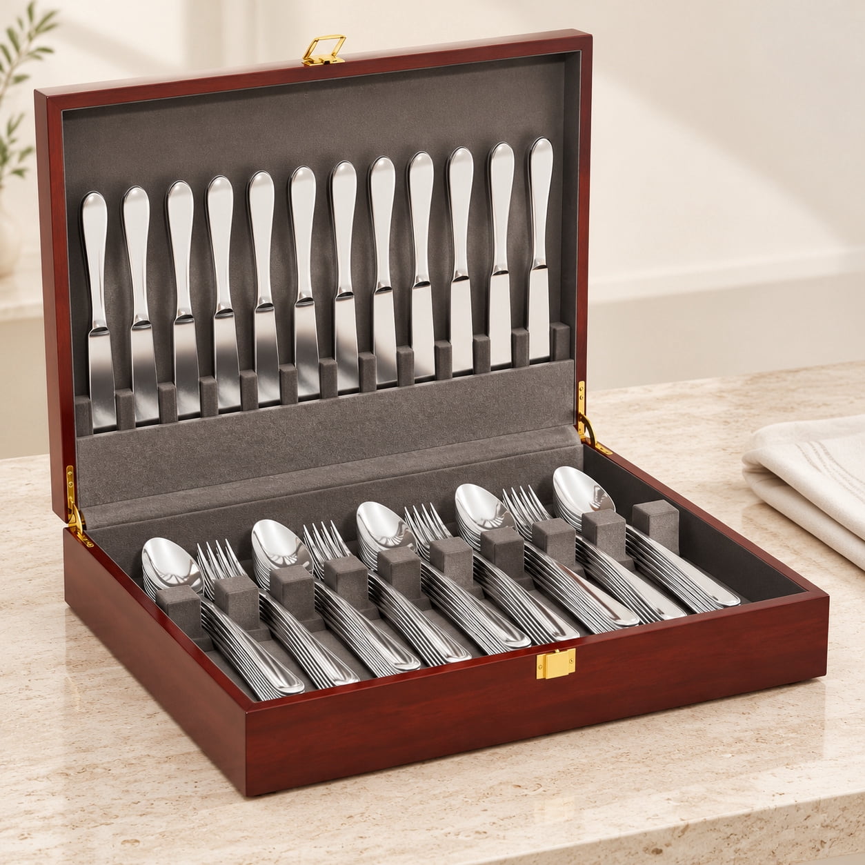 Mahogany Silverware Storage Box, Silverware Chest Case for Flatware ...