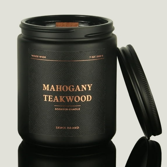 Mahogany Teakwood Crackling Wood Wick Candle for Men, Intense Masculine Scent, 100% Soy, 50-Hour Burn, Luxury Black Jar Strong Scented Candle with Crackle Wooden Wick for Home, Office, Gifts