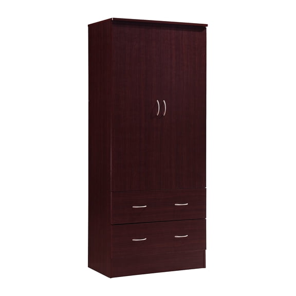 Mahogany Two-Door Wood Wardrobe With Hanging Rod And Two Drawers For Bedroom Storage