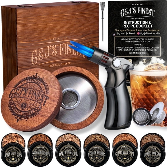 G & J'S FINEST Whiskey Smoker Kit with Quad Flame Torch, Lid, and 6 Wood Chips, Durable and Elegant Mahogany Wood