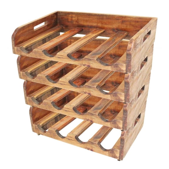 Mahogany Wine Rack 4-Piece Set - Holds 16 Bottles - Solid Wood Stackable Wine Storage - Rustic Home Bar Decor - Handmade Bottle Holders Brown