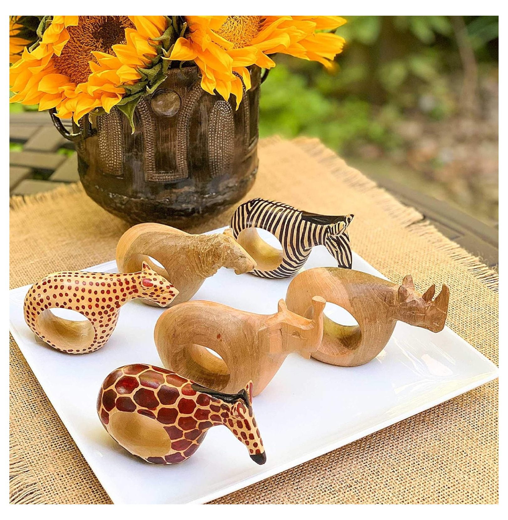Mahogany Wood Animal Napkin Rings Set of Six