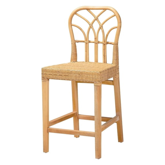 Mahogany Wood Counter Stool - Natural Rattan Seat & Bohemian Style - 40.2" Height