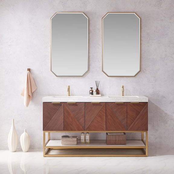 Mahon 60MG" Double Bath Vanity in N.A Deep Walnut with White Grain Stone &Mirror