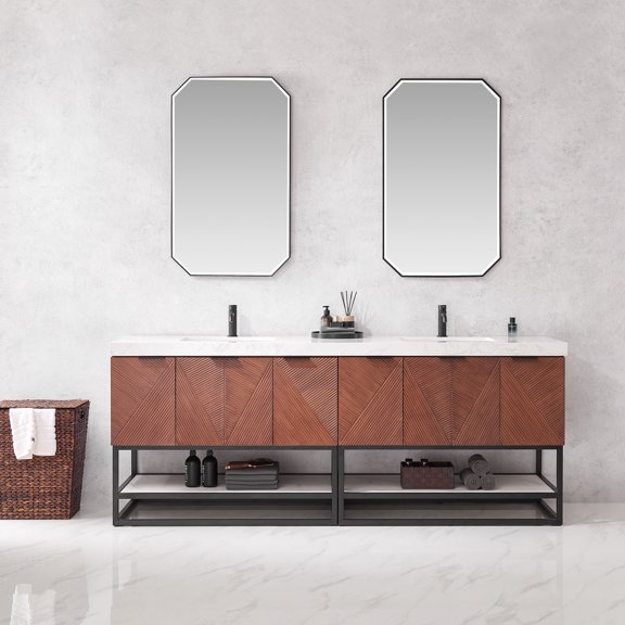 Mahon 84B" Bath Vanity in North American Deep Walnut with White Grain Stone Top