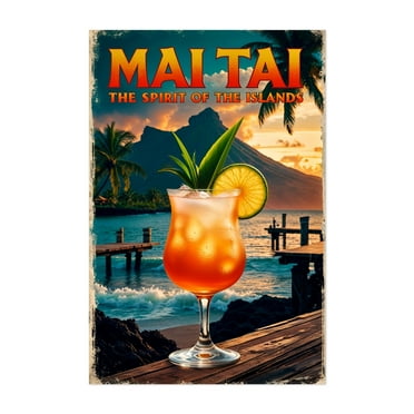 Mai Tai Cocktail Poster: Vintage Island Vibes - Illustration Tropical Cocktail Vintage Poster Beach Sunset Travel Poster Palm Tree Unframed Wall Art Print 4 x 6 inches