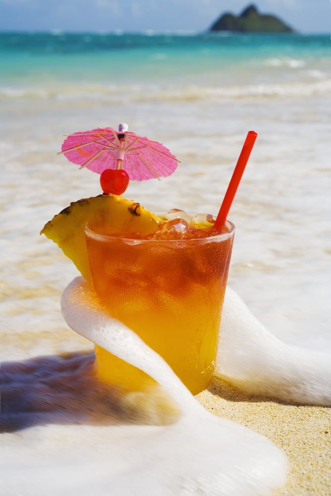 Mai Tai Getting Splashed By A Wave As It Rest On The Beach Canvas Art - Tomas del Amo Design Pics (22 x 34)