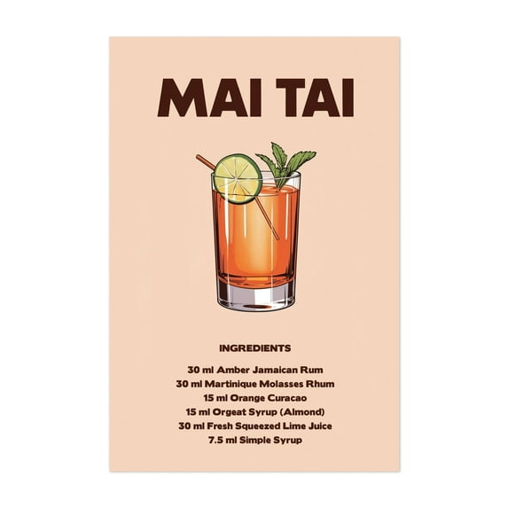 Mai Tai - Hawaii Illustration Cocktail Bar Typography Kitchen Decor Vintage Fruit Unframed Wall Art Print 8 x 12 inches