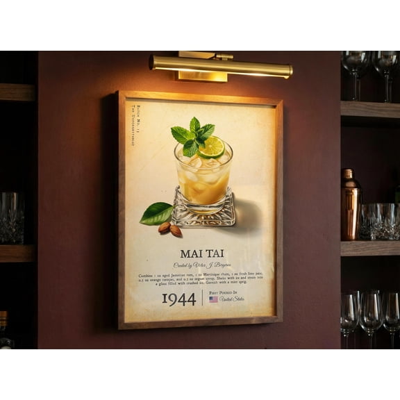 Mai Tai Print, Classic Cocktail Poster, Bar Wall Art, Rustic Bar Cart Art Prints, Kitchen Home Bar Decor , Poster Print Only