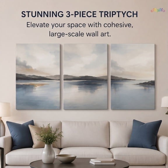 MaiM 12x18in 3-Piece Triptych Wrapped Canvas Wall Art, Large-Scale Coastal Landscape Painting for Living Room, Bedroom, or Office Decor