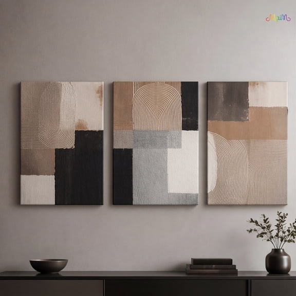 MaiM 3-Piece Abstract Canvas Wall Art Set, 12x18 Inch Modern Geometric Prints for Living Room, Bedroom, Office Decor Neutral Tones with Textured Finish