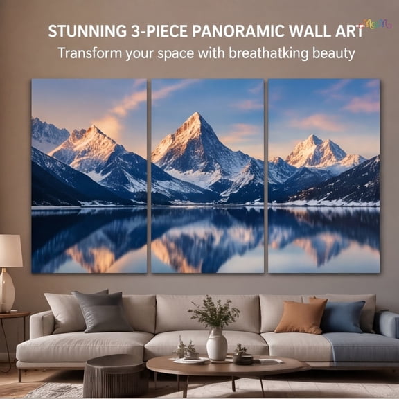 MaiM 3-Piece Panoramic Wall Art Canvas Print, 12x18 Inches, Mountain Lake Reflection, Modern Living Room Decor, High-Definition Printed Artwork for Home Office