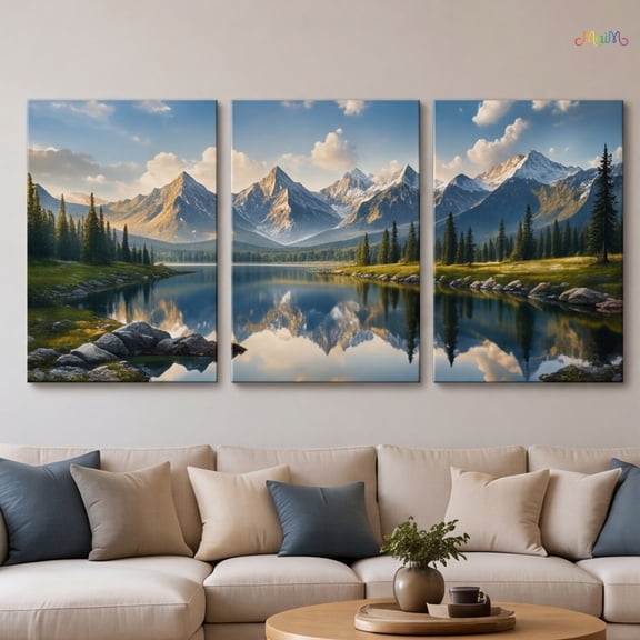 MaiM 3-Piece Wrapped Canvas Wall Art, 12x18 Inch Mountain Lake Landscape Print for Living Room Decor, Modern Nature Scene with Reflections, Easy to Hang