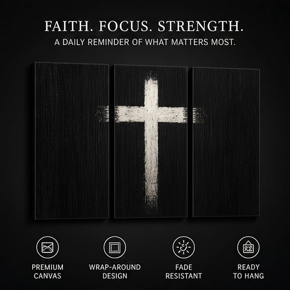 MaiM 3pc Canvas Wall Art with Cross Design for Living Room Bedroom Home Decor Faith Focus Strength Religious Christian Wall Hanging Picture