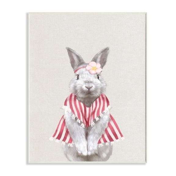 Stupell Maid Bunny Kids Animal Pink Painting Wood Wall Art 10 x 15