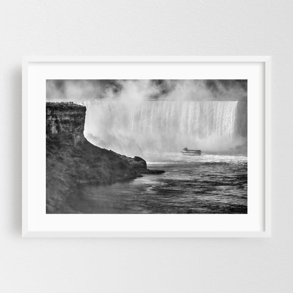 Maid of the Mist at Niagara Falls - Niagara Falls Ontario Canada Photography Waterfall Black and White Boat Nature Scenic Travel Poster Landscape White Framed Wall Art Print 5 x 7 inches