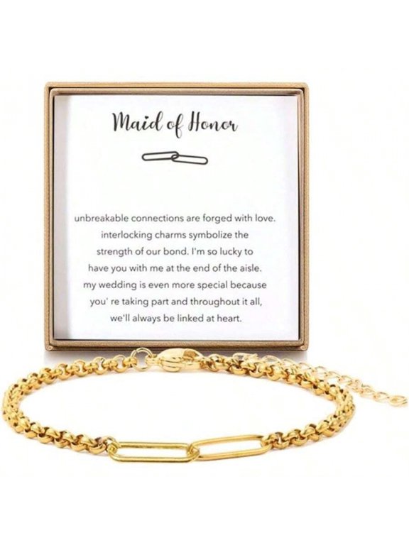 Maid Of Honor Bracelet Goldtone Link Chain With Interlocking Charm For Bridesmaid Friendship Gift