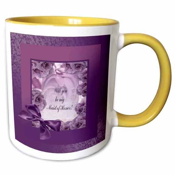 3drose, Maid of Honor, Plum Pink Rose Frame with Bow, 11oz Two-tone Yellow Mug