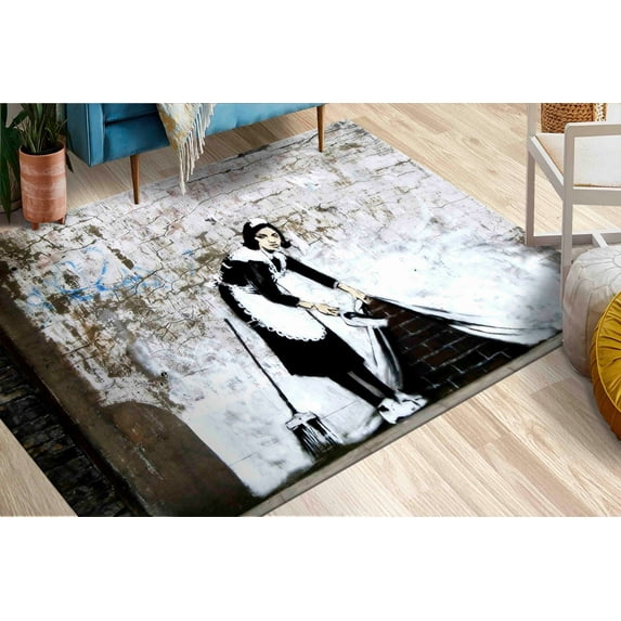 Maid Sweeping Rugs, Abstract Rugs, Banksy Rug, Banksy Woman Rug, Hallway Rug, Gift For Him, Indoor Rug, Corridor Soft Rug, Gift For Him, 2.6'x5' - 80x150 cm