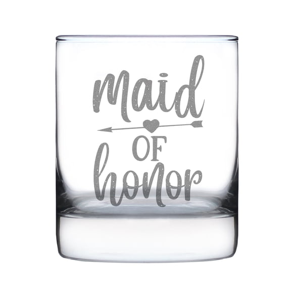 Maid of Honor Rocks Glass, Hand Engraved , Etched Drinkware, Wedding Party Bridal Glass