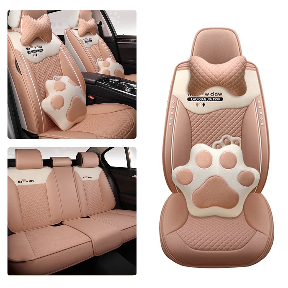 Maidao Car Seat Covers,Breathable and Waterproof Faux Leather Automotive Seat Covers for Cars SUV Truck Sedan,Universal Anti-Slip Driver Seat Cover with Pillow and Backrest Apricot
