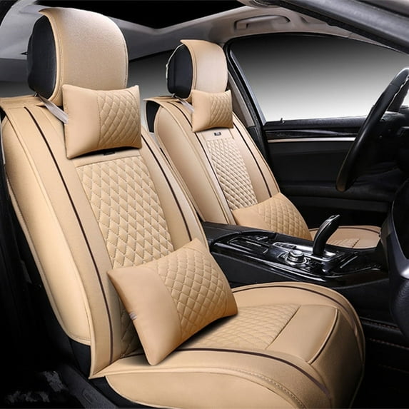Maidao Car Seat Covers for Cadillac for DeVille 1994-2005 5 Seats Compatible Airbag Leather Waterproof Front Rear Cushion Protector Full Set with Headrest Beige