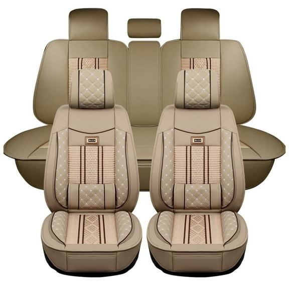 Maidao Car Seat Covers for Citroen for C-Elysée 2008-Present 5 Seats Compatible Airbag Leather Waterproof Front Rear Cushion Protector Full Set with Pillow Beige