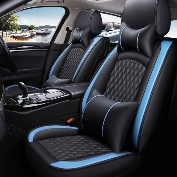 Maidao Car Seat Covers Full Set for Cadillac for CT4 2020-Present 5 Seats Leather Compatible Airbag Waterproof Soft Front Rear Cushion Protector with Headrest Black and Blue