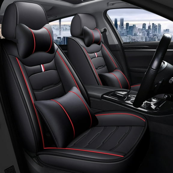 Maidao Car Seat Covers Full Set for Jaguar for XE 2015-Present 5 Seats Leather Compatible Airbag Water Resistant Front Rear Cushion Protector with Pillow Black and Red