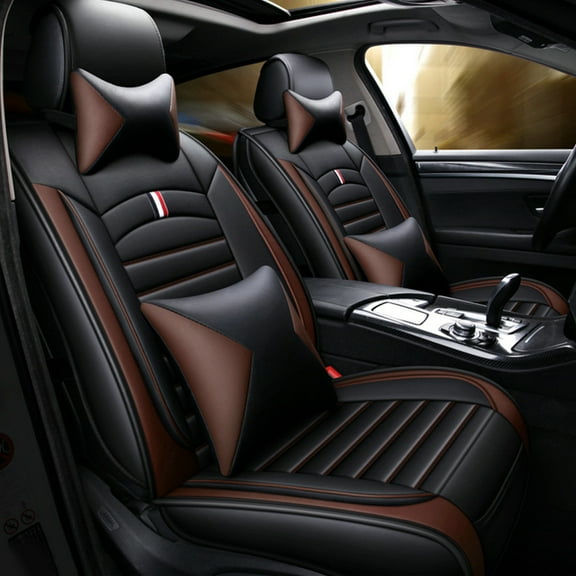 Maidao Car Seat Covers Full Set for Jaguar for XKE 1961-1974 5 Seats Leather Compatible Airbag Water Resistant Front Rear Cushion Protector with Pillow&Headrest Black and Coffee