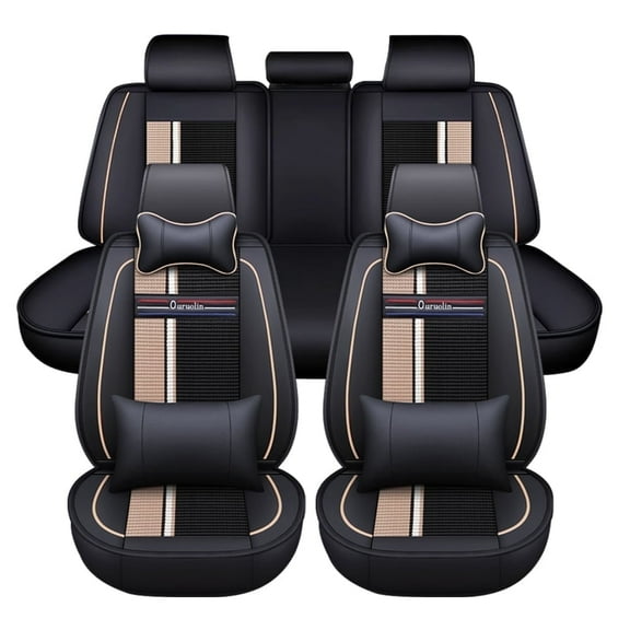 Maidao Car Seat Covers Full Set for Mercedes-Benz for A180 2018-2024 5 Seats Compatible Airbag Waterproof Premium Leather Front and Back Seat Protectors Black and Beige