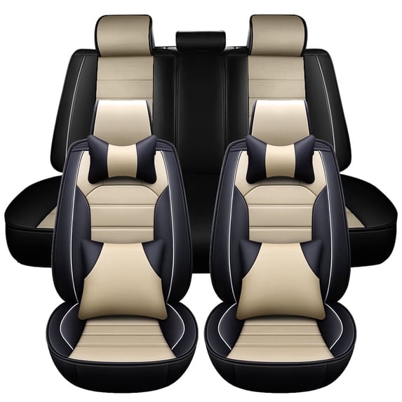 Maidao Car Seat Covers Full Set for Nissan for Kicks 2018-Present Leather Compatible Airbag Waterproof Soft Front Rear Cushion Protector with Headrest and Pillow Black and Beige
