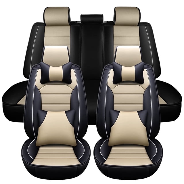 Maidao Car Seat Covers Full Set for Opel for Calibra 1989-1997 Leather Compatible Airbag Water Resistant Front Rear Cushion Protector with Headrest and Pillow Black and Beige