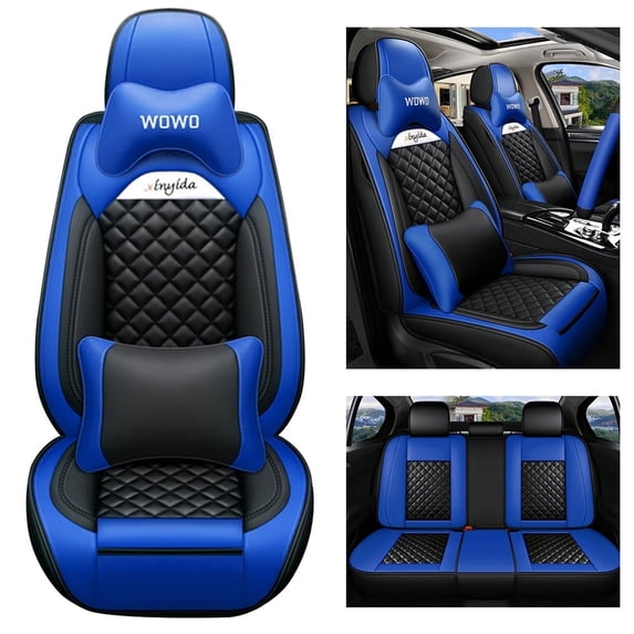 Maidao Car Seat Covers Full Set for Renault for Clio/Lutecia/Euro Clio 2019-Present 5 Seats Waterproof Premium Leather Front and Back Seat Protectors with Pillow Blue