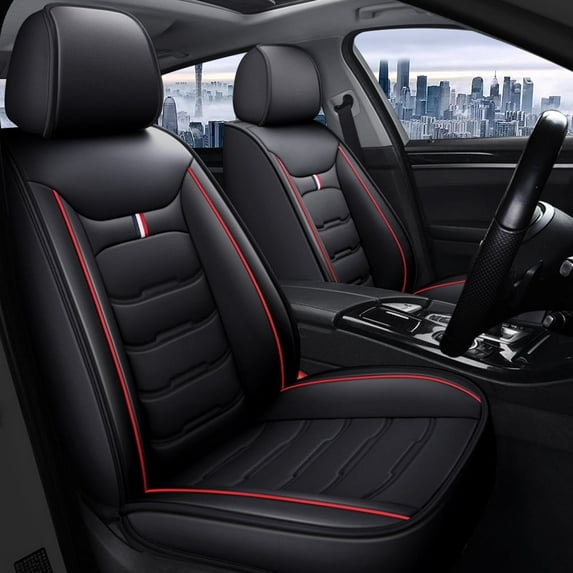 Maidao Car Seat Covers Full Set for Suzuki for Wagon R+ 1997-Present 5 Seats Compatible Airbag Waterproof Premium Leather Front and Back Seat Protectors Black and Red