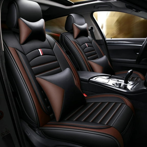 Maidao Car Seat Covers Full Set for Volvo for S40 1995-2012 5 Seats Compatible Airbag Waterproof Premium Leather Front and Back Seat Protectors with Headrest Black and Coffee