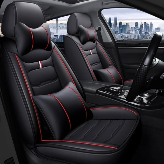 Maidao Car Seat Covers Full Set for buick for century 1997-2005 5 Seats Leather Compatible Airbag Water Resistant Front Rear Cushion Protector with Pillow Black and Red