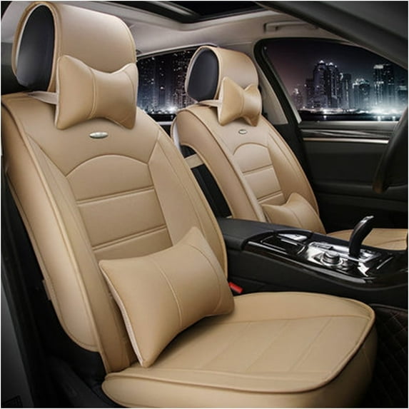 Maidao Car Seat Covers Full Set for Peugeot for 607 1999-2010 5 Seats Waterproof Premium Leather Front and Back Seat Protectors with Headrest Beige