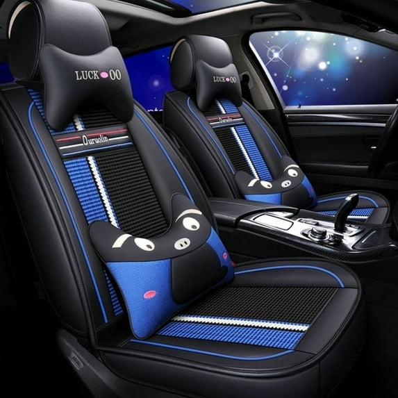 Maidao Car Seat Covers Leather Full Set for Dodge for Nitro 2007-2012 5 Seats Compatible Airbag Water Resistant Front Rear Cushion Protector with Pillow Black and Blue